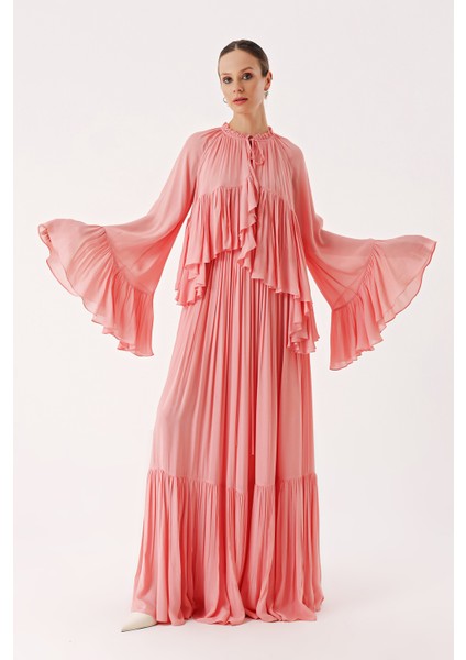 Pembe Volan Detaylı Bol Kesim Büzgülü Uzun Elbise 94438