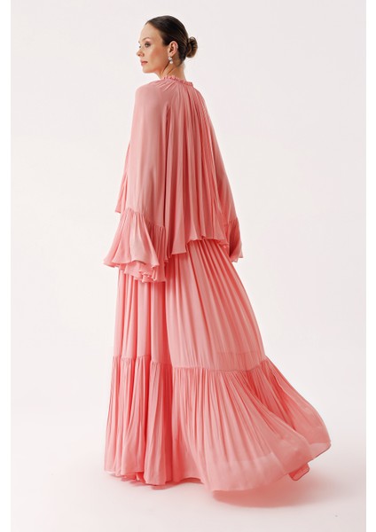 Pembe Volan Detaylı Bol Kesim Büzgülü Uzun Elbise 94438