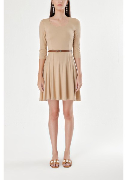 Bej Kemerli Dirsek Kollu Mini Elbise 91218