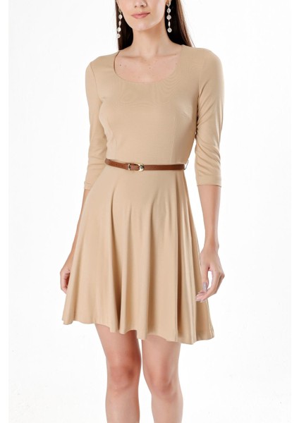 Bej Kemerli Dirsek Kollu Mini Elbise 91218