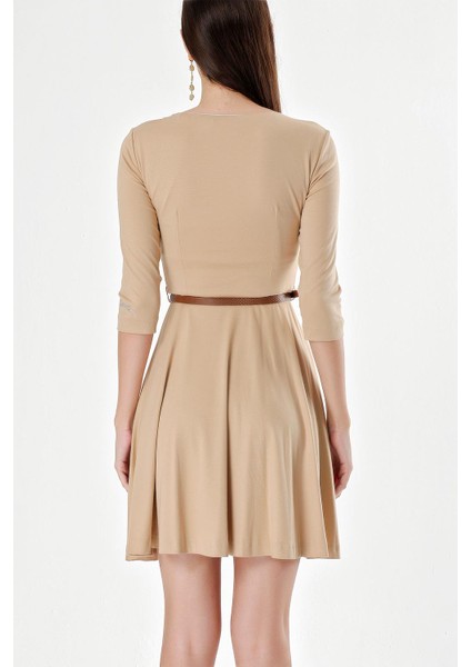 Bej Kemerli Dirsek Kollu Mini Elbise 91218