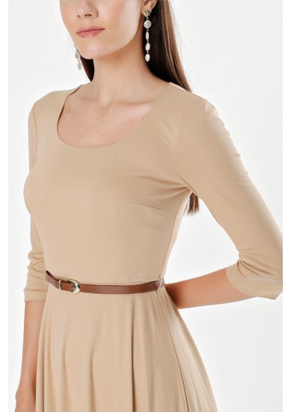 Bej Kemerli Dirsek Kollu Mini Elbise 91218