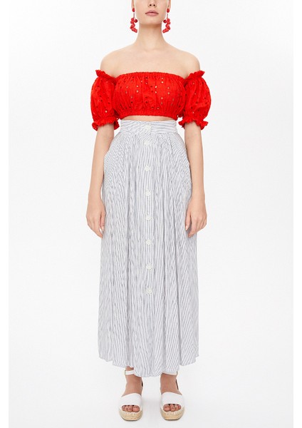 Çizgili Düğmeli ve Büzgülü Etek 81052