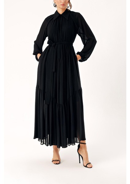 Siyah Büzgülü Uzun Elbise 94337