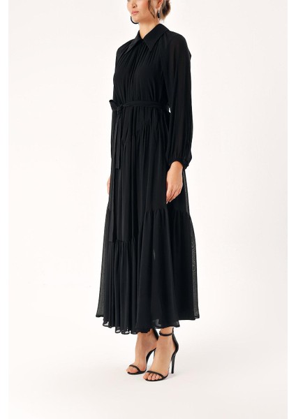 Siyah Büzgülü Uzun Elbise 94337 modelleri