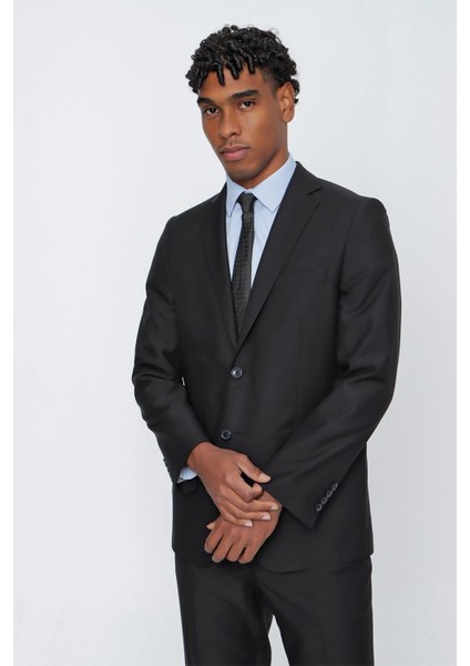 Siyah Düz Gabardin Mono Yaka 2 Düğme 6 Drop Comfort Fit Basic Takım Elbise 1001250009_001