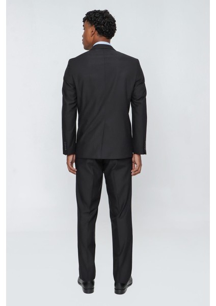 Siyah Düz Gabardin Mono Yaka 2 Düğme 6 Drop Comfort Fit Basic Takım Elbise 1001250009_001