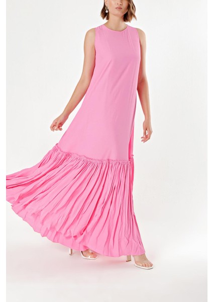 Pembe Eteği Büzgülü Kolsuz Elbise 93745