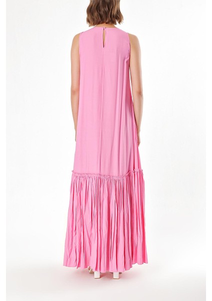 Pembe Eteği Büzgülü Kolsuz Elbise 93745