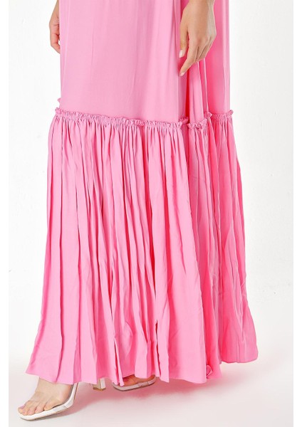 Pembe Eteği Büzgülü Kolsuz Elbise 93745
