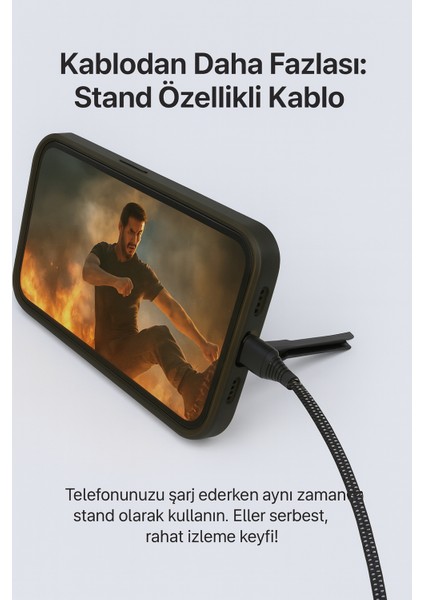 BA-02 Type-C Lightning Standlı Koruyuculu Örgülü Hızlı Şarj Data Kablosu 27W 1.2m indirimleri