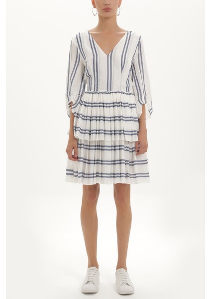 Mavi V Yaka Volanlı Çizgili Mini Elbise 92384