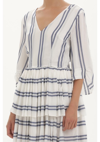 Mavi V Yaka Volanlı Çizgili Mini Elbise 92384 modelleri