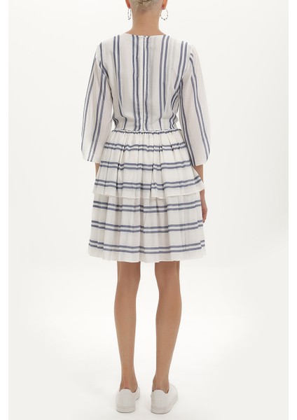 Mavi V Yaka Volanlı Çizgili Mini Elbise 92384 fırsatları