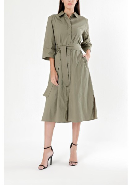 Haki Kemerli Bol Poplin Elbise 93995