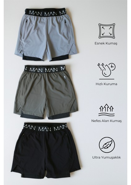 |3 Lü Paket| Unisex Gym ve Fitness Astarlı Taytlı Şort Yazılı Lastik