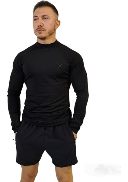 Siyah Aktif Basınç Erkek Antrenman Tişört, Koşu Fitness Ağırlık Terletmez Tişört