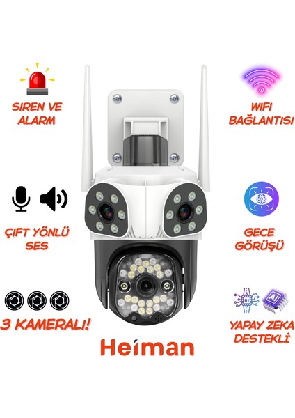 HM-666 3 Kameralı 9mp Wifi Insan Takipli Alarmlı Sesli Kamera