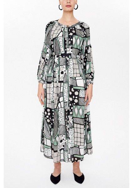 Yeşil Lastikli Balon Kol Uzun Elbise 92718