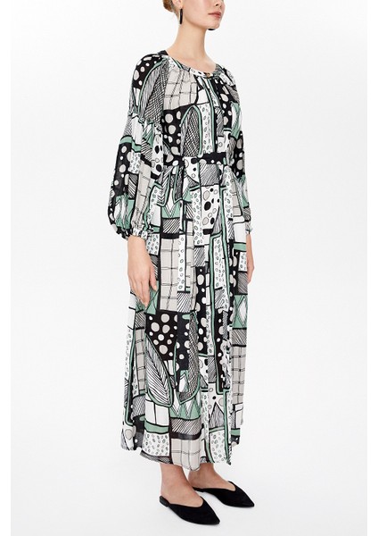 Yeşil Lastikli Balon Kol Uzun Elbise 92718 fiyatları