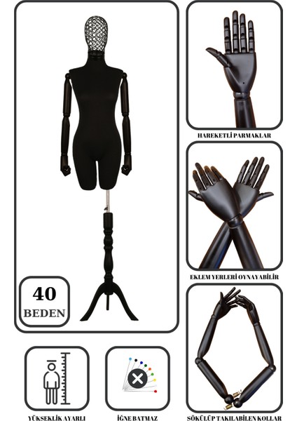 40 Beden Yüksek Kalite Tel Kafalı Ahşap Kollu Pantolon Giyebilen Terzi Mankeni