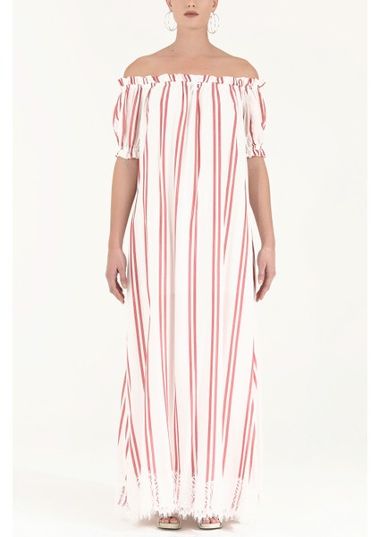 Kırmızı Düşük Omuzlu Lastikli Uzun Elbise 92355