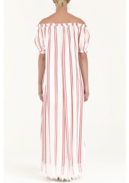 Kırmızı Düşük Omuzlu Lastikli Uzun Elbise 92355 fırsatları