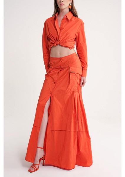 Turuncu Büzgülü Düğme Detaylı Etek 81321