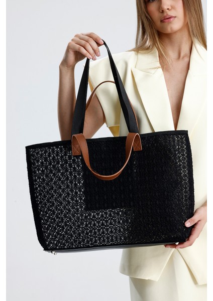 Kadın Siyah Dantel Desenli Büyük Boy Plaj ve Alışveriş Shopper Tote Omuz Çantası indirimleri