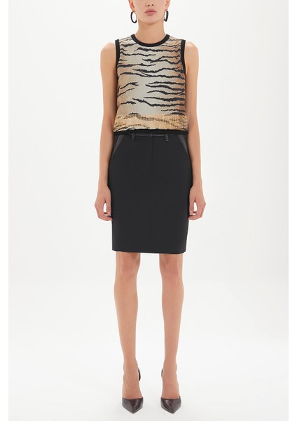 Siyah Derili Diz Üstü Yün Etek 80607