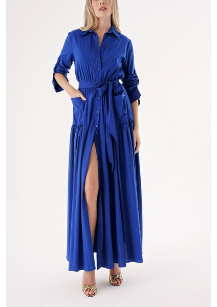 Saks Beli Lastikli Uzun Gömlek Elbise 94498