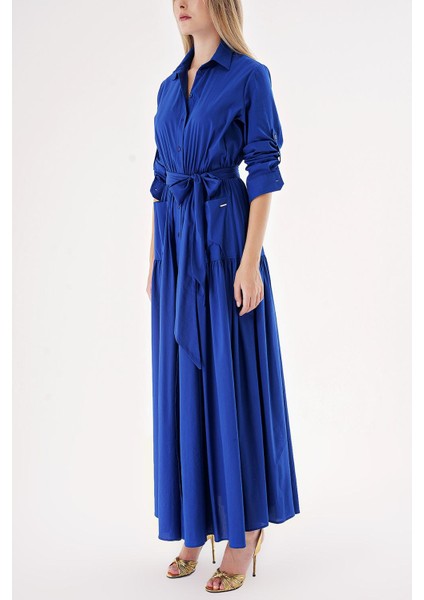 Saks Beli Lastikli Uzun Gömlek Elbise 94498 modelleri