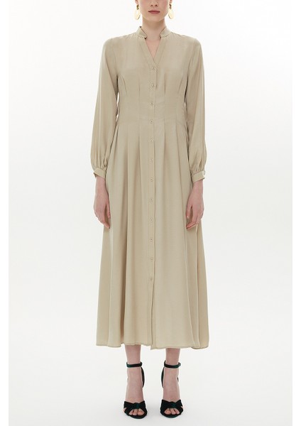 Bej Beli Dikiş Detaylı Uzun Elbise 93367