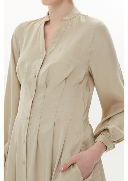 Bej Beli Dikiş Detaylı Uzun Elbise 93367