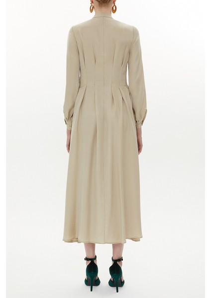 Bej Beli Dikiş Detaylı Uzun Elbise 93367