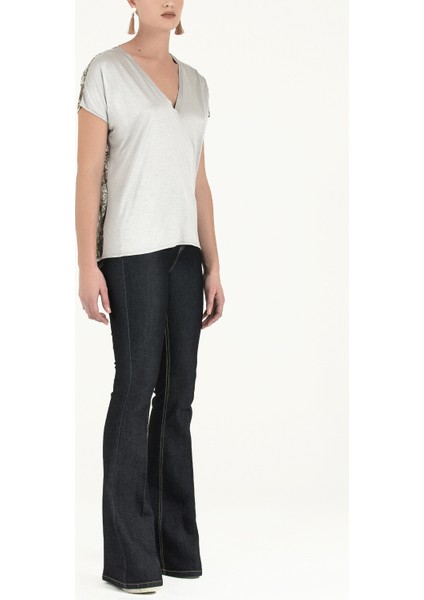 Gri Sırtı Dantelli Bluz 19303