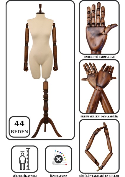 44 Beden Ahşap Kollu Iğne Batmaz Vitrin Amaçlı Terzi Mankeni Vitrin Mankeni
