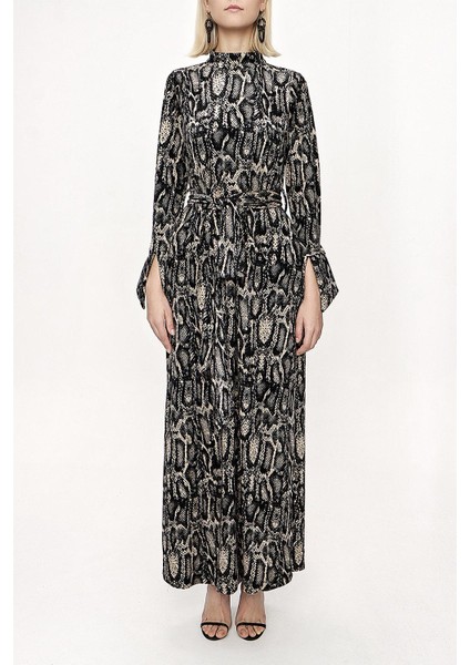 Desenli Fermuarlı Balıkçı Yaka Kadife Elbise 94148