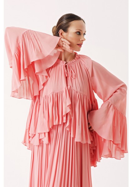 Pembe Volan Detaylı Bol Kesim Büzgülü Uzun Elbise 94438 indirimleri