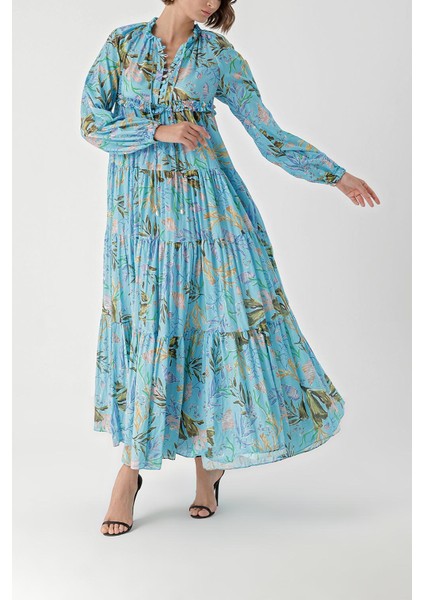 Mavi Büzgülü Aksesuar Detaylı Uzun Elbise 94346