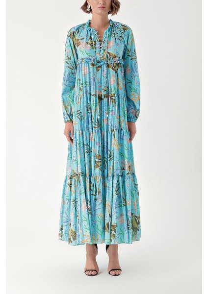 Mavi Büzgülü Aksesuar Detaylı Uzun Elbise 94346 fiyatları