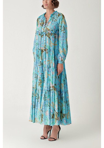 Mavi Büzgülü Aksesuar Detaylı Uzun Elbise 94346 modelleri