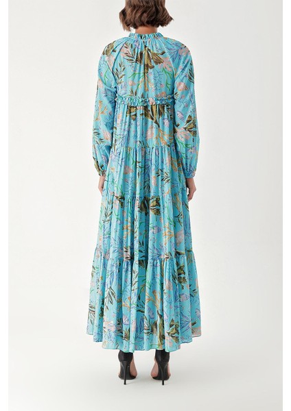 Mavi Büzgülü Aksesuar Detaylı Uzun Elbise 94346 fırsatları