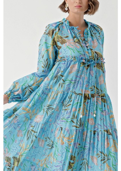 Mavi Büzgülü Aksesuar Detaylı Uzun Elbise 94346 indirimleri