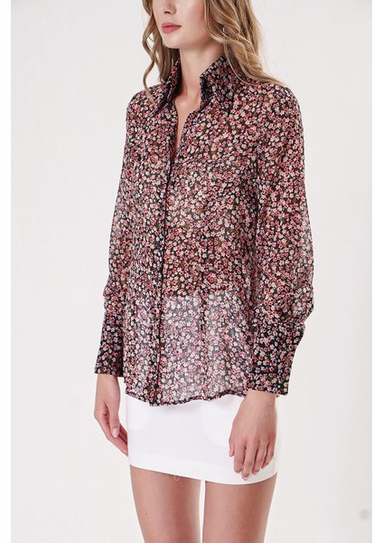Çiçek Baskı Baskılı Şifon Gömlek 10819