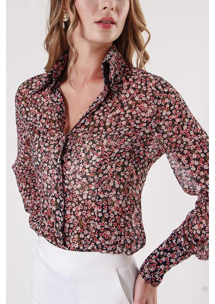 Çiçek Baskı Baskılı Şifon Gömlek 10819