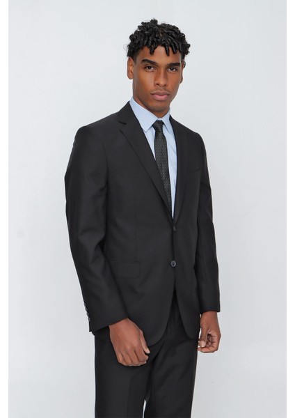 Siyah Düz Gabardin Mono Yaka 2 Düğme 6 Drop Comfort Fit Basic Takım Elbise 1001250009_001