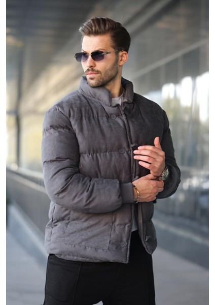 Füme Düğmeli Dik Yaka Erkek Şişme Mont E7435 modelleri