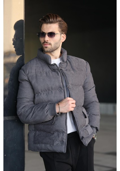 Füme Düğmeli Dik Yaka Erkek Şişme Mont E7435 fırsatları