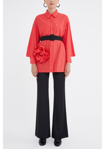 Kırmızı Gül Detaylı Salaş Gömlek 10741